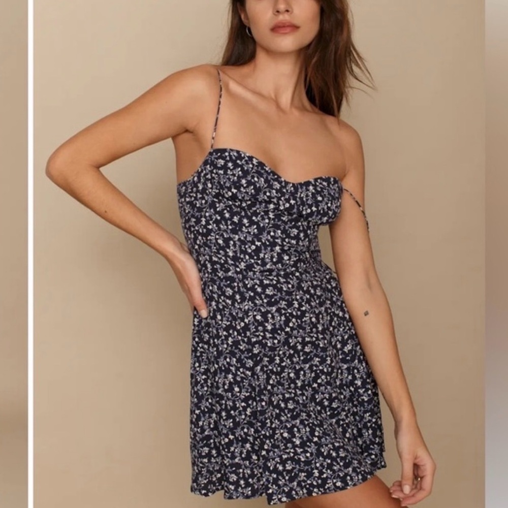 Reformation Saskia mini dress in blue floral print, size 6